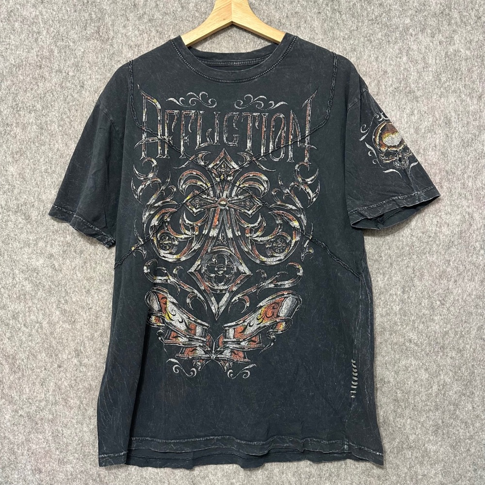 Affliction T-Shirt Mens XL Black Graphic Y2K MMA Biker Cross Fleur De Lis
